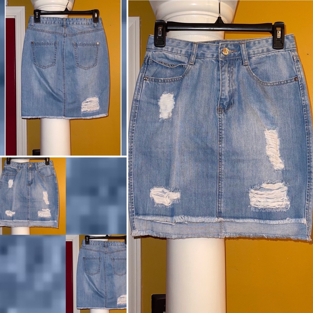 Distressed High Low Denim Mini Skirt